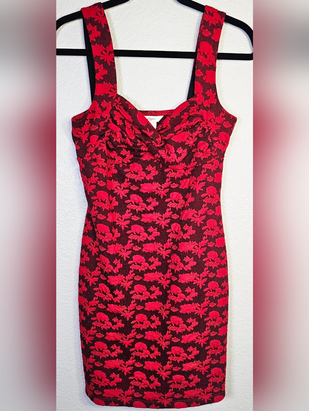 Candie's Red Black Floral Jacquard Bodycon Mini Dress Sweetheart Neck Size L